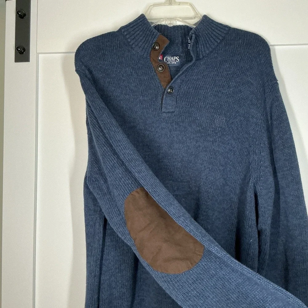 Chaps Henley Sweater Mens L‎ Navy Button Mock Neck Pullover Elbow Patch Preppy